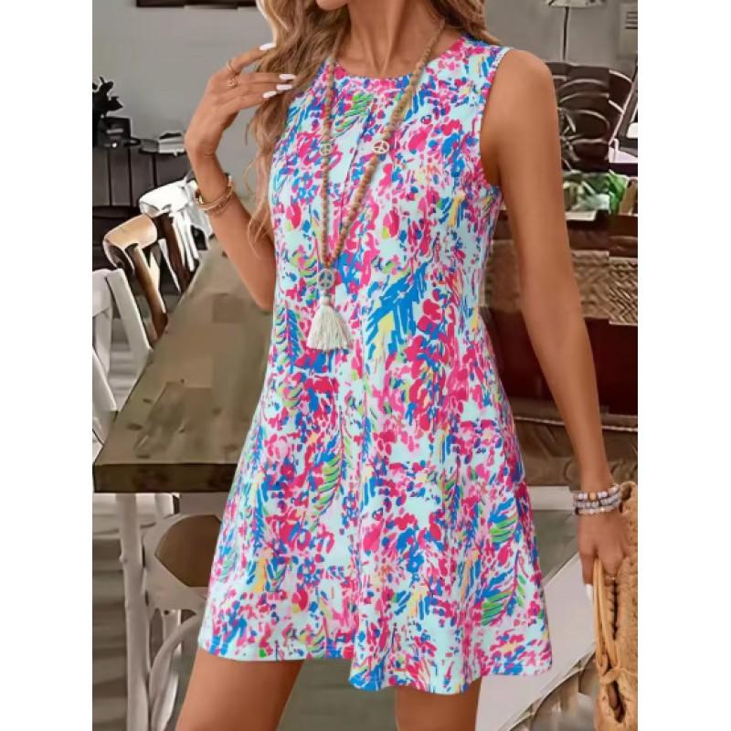 Womens Elegant Floral Digital Print Sleeveless Midi Dress With Elastic Waist Boho Chic