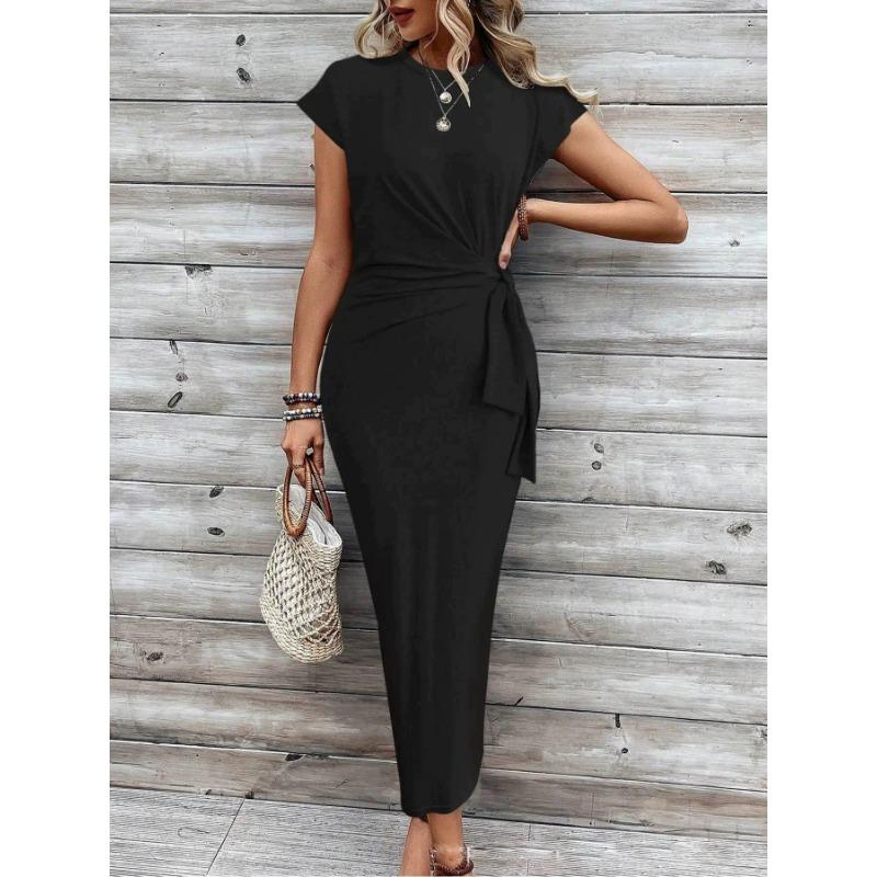 Женские летние темпераментные элегантные платья с завязками на талии в полоску с круглым вырезом и короткими рукавами