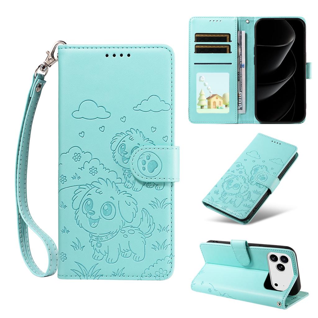 For iPhone 17 Pro Max Case RFID Blocking Imprinted Dog Pattern PU Leather Phone Cover with Wrist Strap