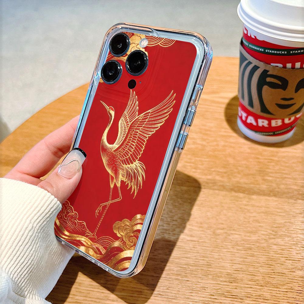 Чехол для телефона "Золотой журавль на красном фоне" для IPhone 14 15 16 17 13 12 11 Pro Max Plus 12 13 Mini Защитный чехол из ТПУ