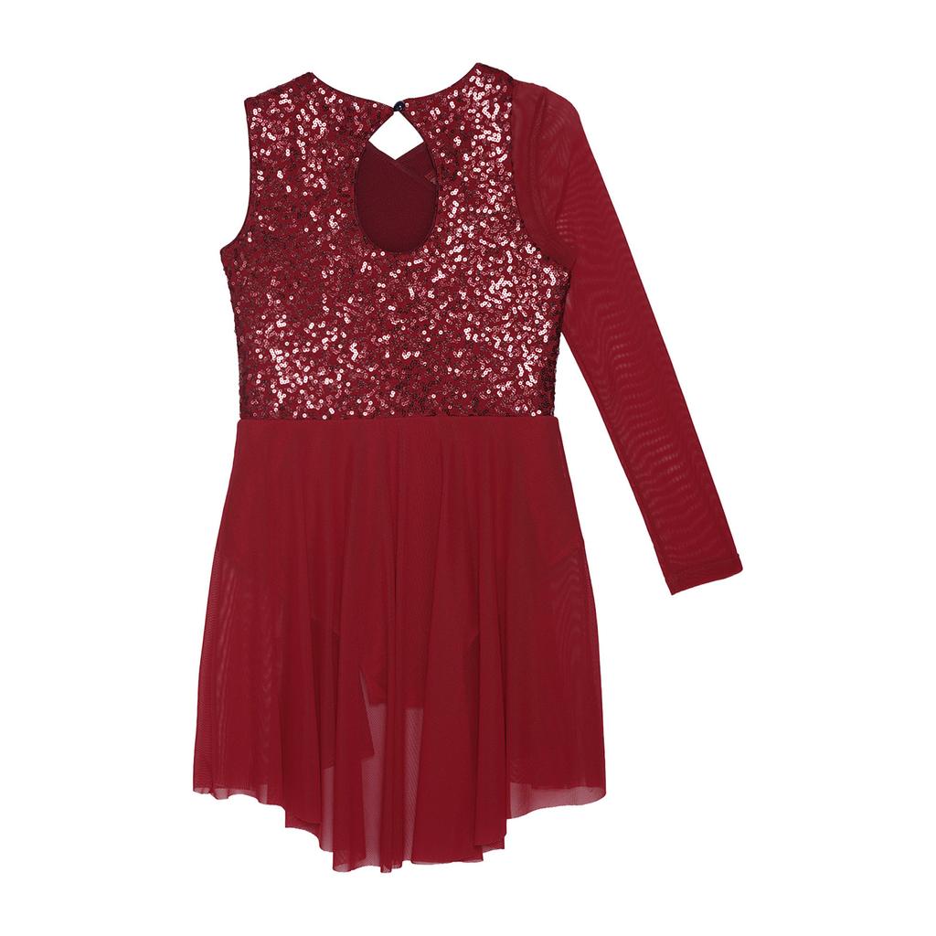 Kids Girls LJazz Dancewear Yrical Skating Dance Dress One Shoulder Asymmetrical Sleeve Shiny Sequins Ballet Ballroom Dance Skirted Leotard