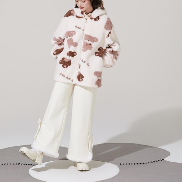 Японские повседневные брюки в стиле Лолита в стиле кавайи для женщин, теплые плюшевые брюки в корейском стиле, женские свободные брюки с милым бантом, широкие брюки для зимы