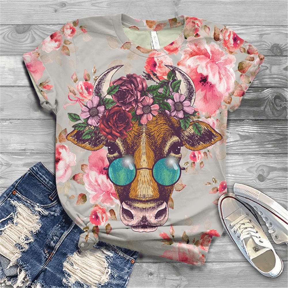 Женская футболка с коротким рукавом, летняя повседневная анимационная лошадь, цифровой 3D принт, сексуальный топ с диагональным воротником, свободный женский пуловер