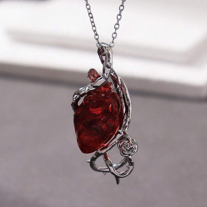 Halloween Gothic Red Crystal Flower Thorns Pendant Necklace for Women Men Punk Love Heart Skeleton Skull Choker Jewelry