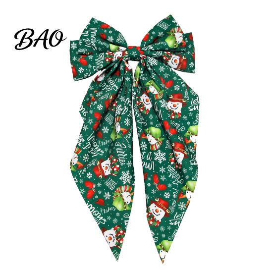 Red And Green Christmas Hair Clips Bows for Women Girls, Snowman Bow Clips, Handmade Elk Printed Bows, Festive Holiday Ribbons with Long Tail,