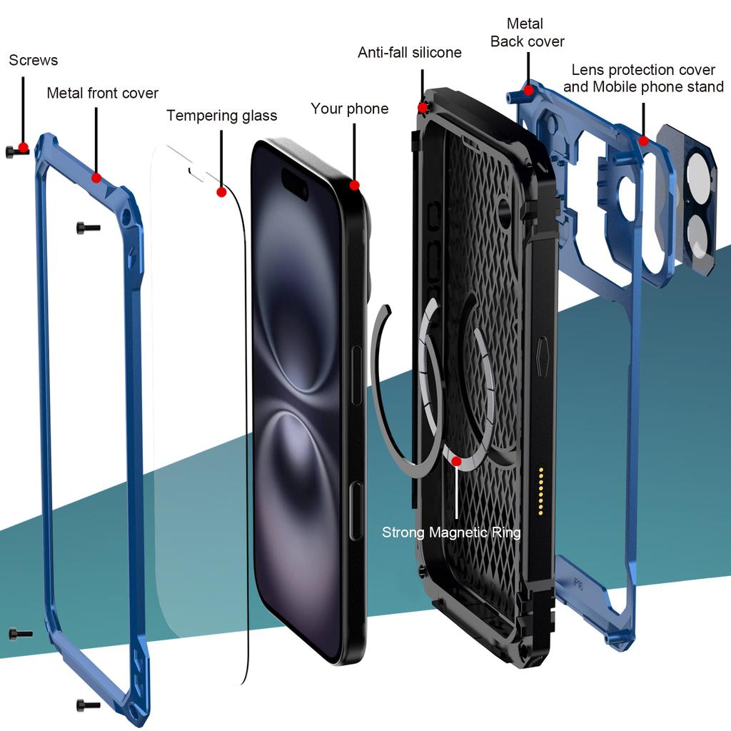 For iPhone 16 Plus Case Aluminum Alloy+Silicone Lens Kickstand Phone Cover with Tempered Glass Film