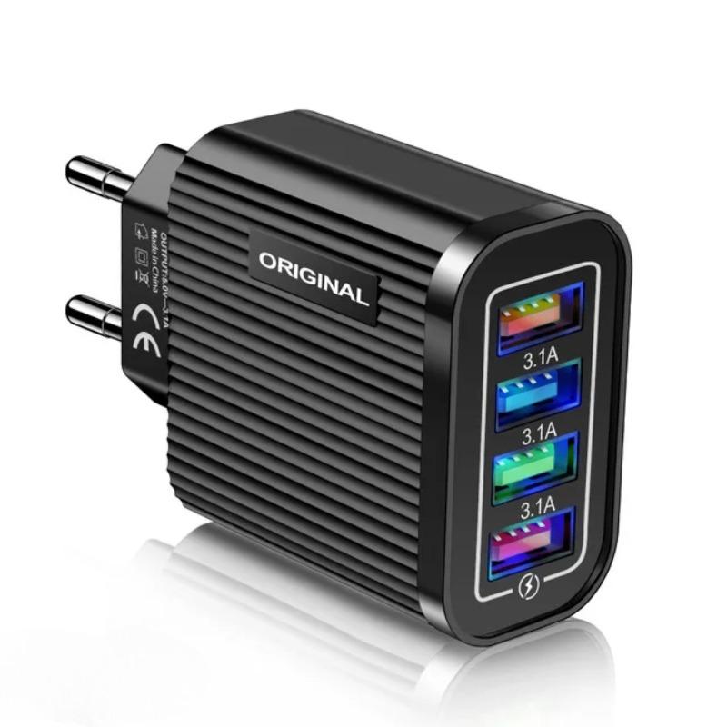 Phone Charger 4 Port USB Fast Mobile Phone Charger Adapter 5V 3A for iPhone Samsung Huawei Xiaomi Quick Charging Power Source