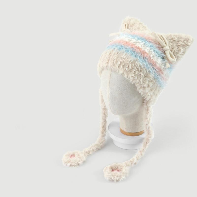 Furry Cartoon Head Cover with Ear for Outdoor Sports Striped Hat with Ear Oversized Headgear Hat for Winter