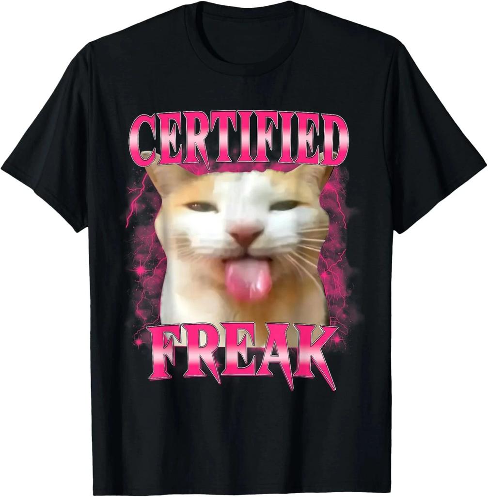 Certified Freak Eating Cement Unhappy Cat Funny Cat Expression Pack T-shirt Women's Summer Round Neck T-shirt Men's Black Y2K