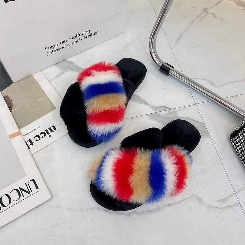 Большой размер 43 зимние новые стильные плюшевые тапочки для девочек роскошные пушистые меховые тапочки модная обувь плюшевые крестовые домашние теплые тапочки для женщин