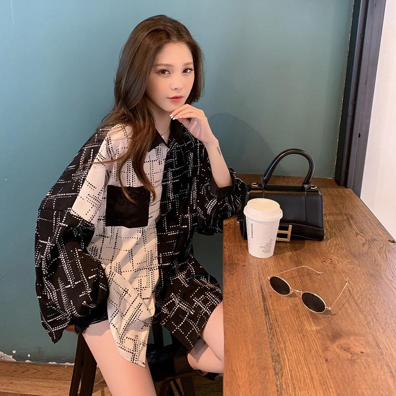 HOUZHOU Лоскутная рубашка женская с длинным рукавом однобортная плюс размер повседневная корейский стиль шик