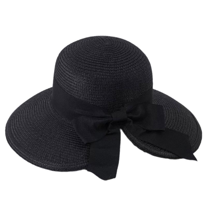 Fashion Wide Brimmed Sun Hat Natural Straw Woven Hat with Bowknot Decor Foldable Design Headwear for Women Girl Outdoor