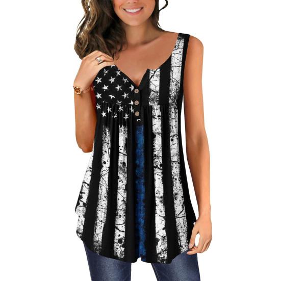 Women Vest Round Neck Buttons Half Placket Sleeveless Tank Tops US Flag Pattern Flowy Hem Camisole Daily Wear