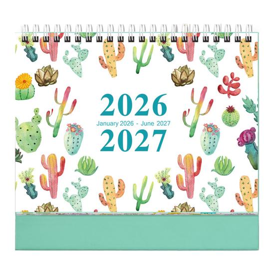 2026-2027 Цветочный настольный календарь на спирали с января по июнь 18 месяцев Ежемесячный планировщик расписания Дом Офис Кактус Настольный перекидной календарь