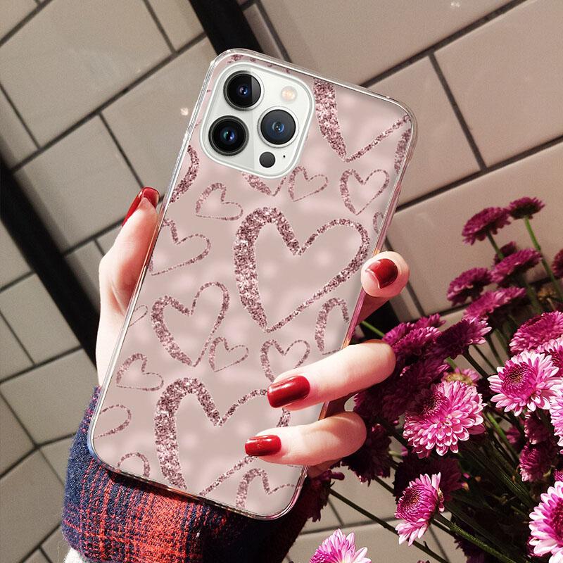 Чехлы для телефонов для iPhone 14 12 11 13 Pro Max, силиконовый чехол на iPhone 13Mini X XS Max XR 8 7 14 Plus, розовое золото с сердечком Love