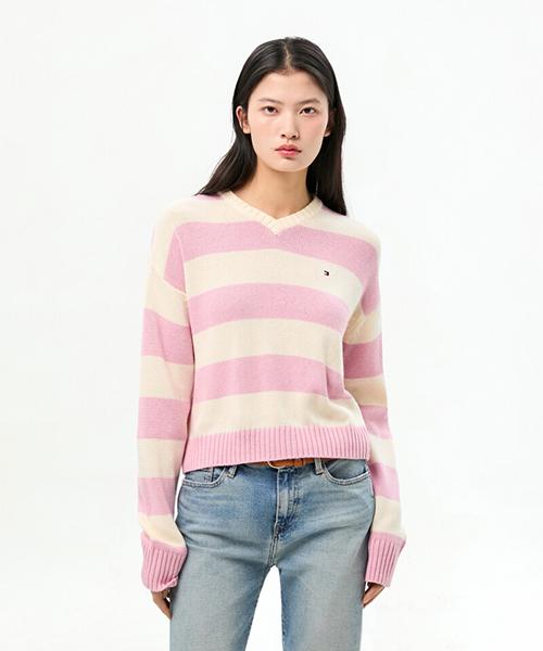 Свитерок TOMMY HILFIGER с V-образным вырезом и смелой полоской (T22G0Kto031Wt10D1)
