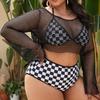 Новый купальник большого размера, женский сексуальный купальник бикини, черно-белый клетчатый комплект из трех предметов