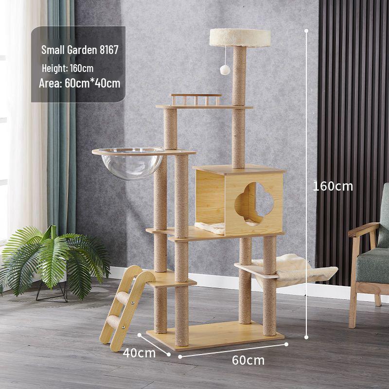 Большая кошачья игровая башня со встроенной кроватью-капсулой, когтеточкой, платформой от пола до потолка и полками.