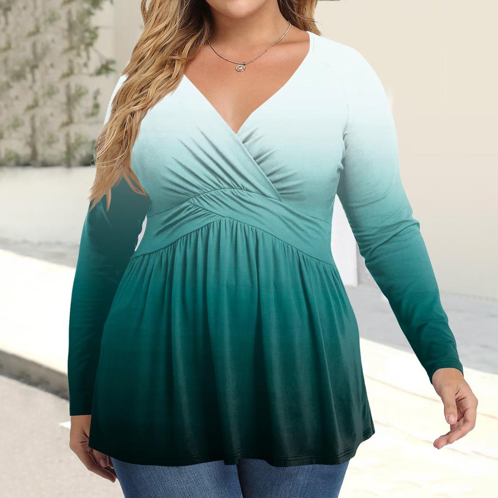 Женская рубашка большого размера с длинным рукавом, принт, плиссированный повседневный топ с V-образным вырезом