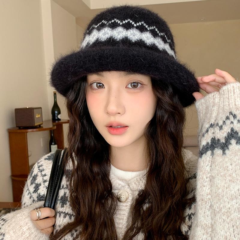 Vintage Fair Island knitted bucket hat women's new autumn and winter warm ear protector cold hat showing face small bucket hat
