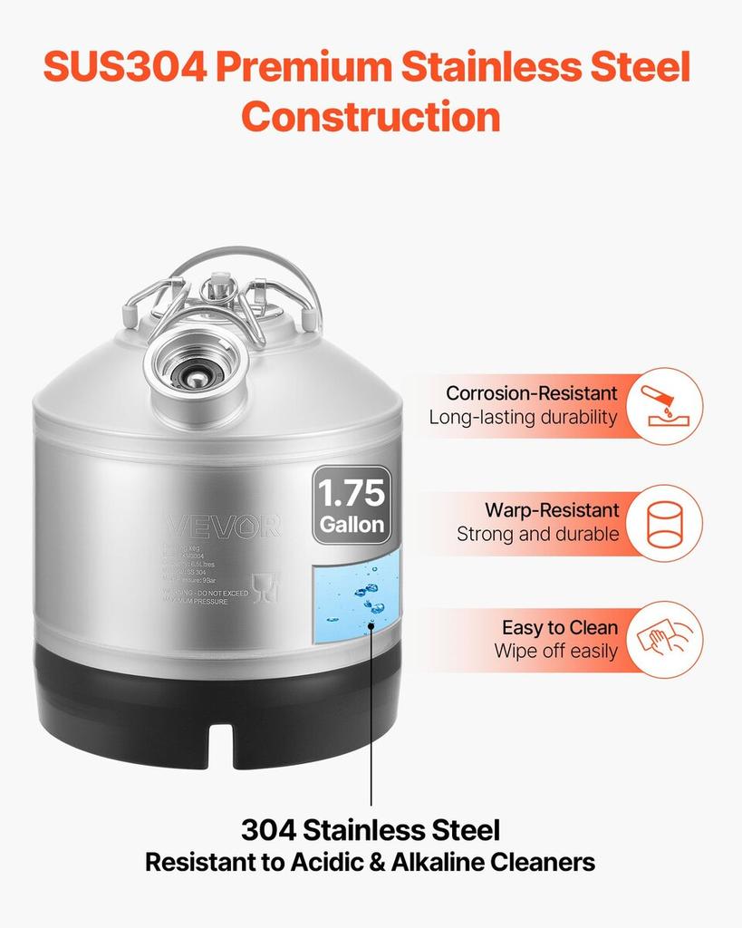 Cleaning Keg, 6.5L Keg Line Cleaning Kit with D Coupler Connection & Rubber Base, Beer Lines Cleaner Used for Beer Line Cleaning, 304Stainless Steel