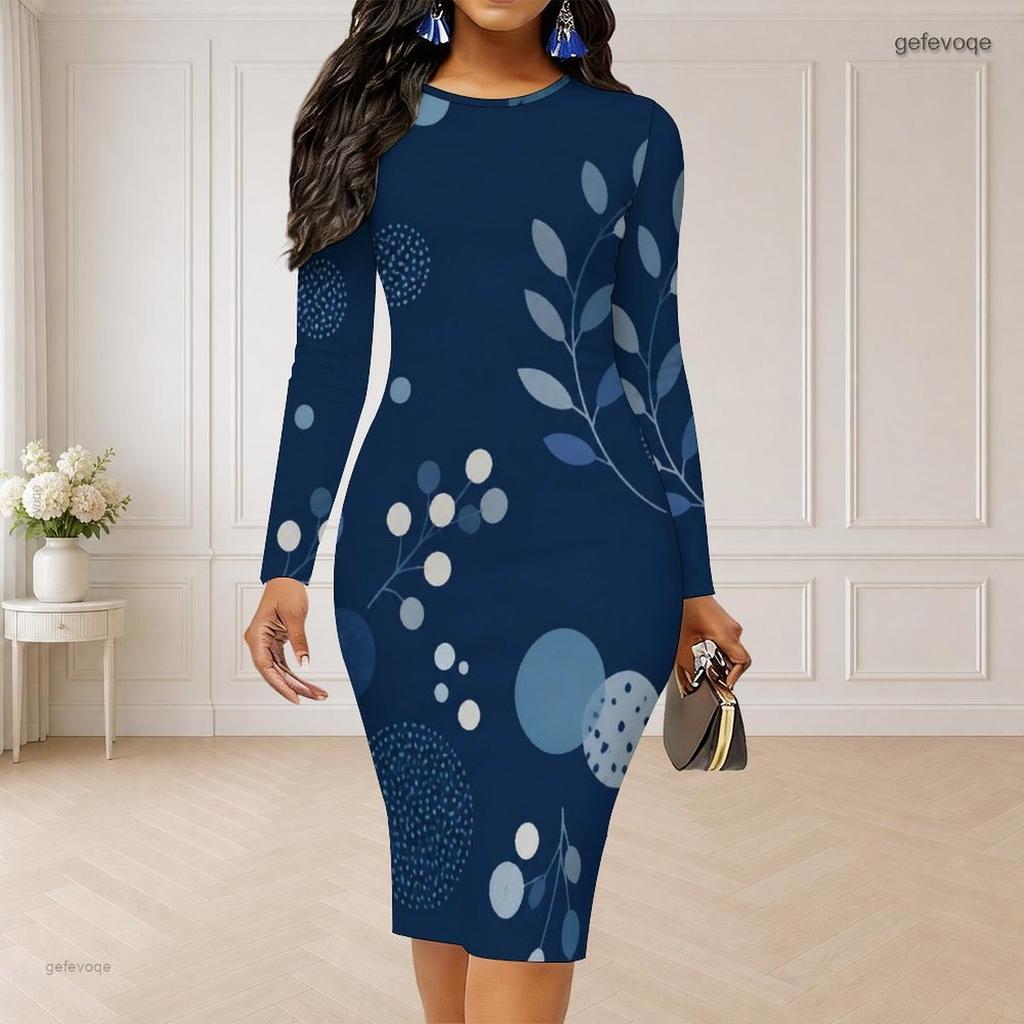 Women Plus Size White Printed Round Neck Long Sleeve Bodycon Midi Dress