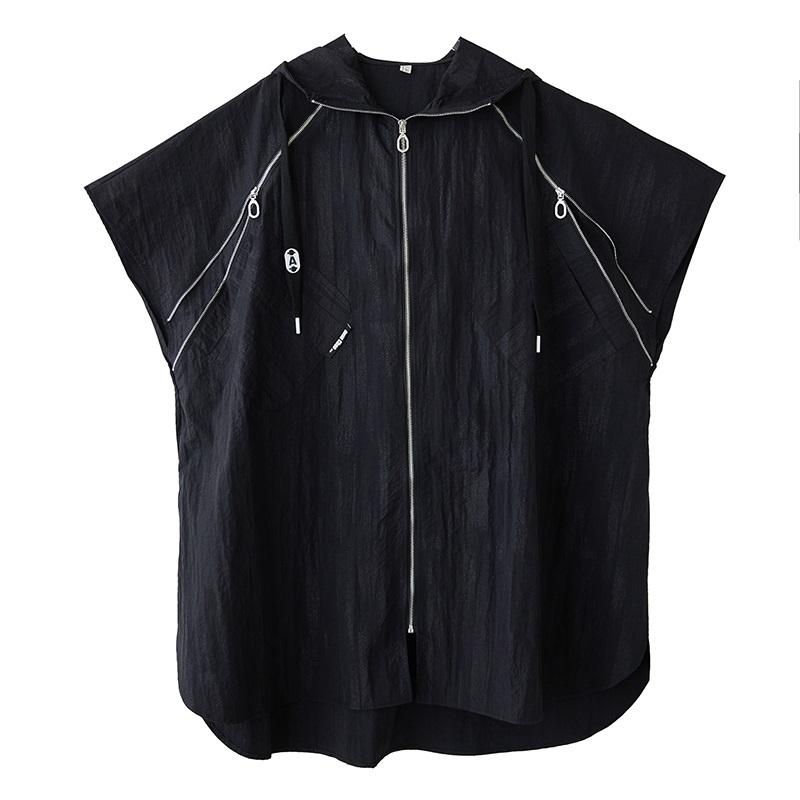 Short Sleeve Plus Size Black Vintage Hooded Casual Loose Autumn Spring Trench Coat for Women Outerwear