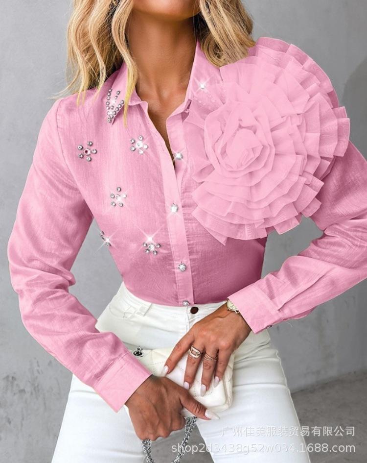 New spring and autumn women's clothing three-dimensional flower perspective ordered diamond shirt wholesale