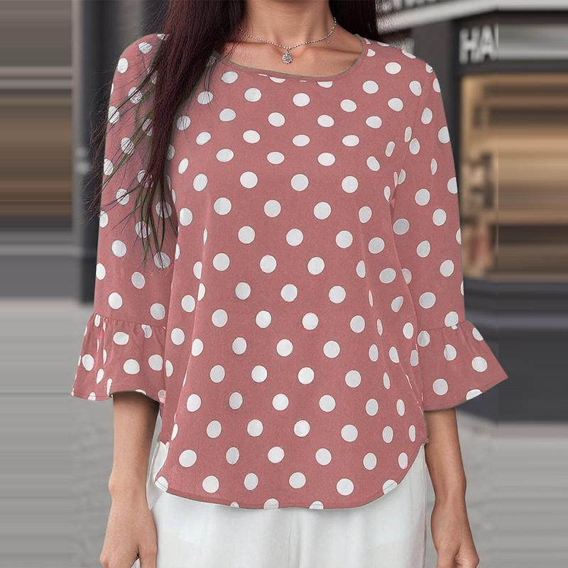 ZANZEA Женская повседневная блузка с круглым вырезом и рукавом 3/4, свободная, в горошек