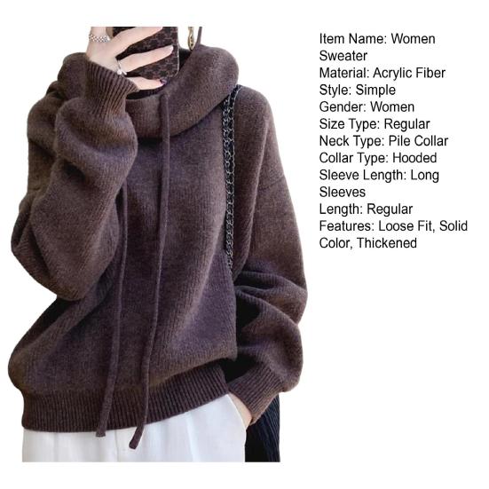 Women Sweater Pile Collar Drawstring Hooded Long Sleeve Knitting Tops Solid Color Casual Loose Fit Knitwear