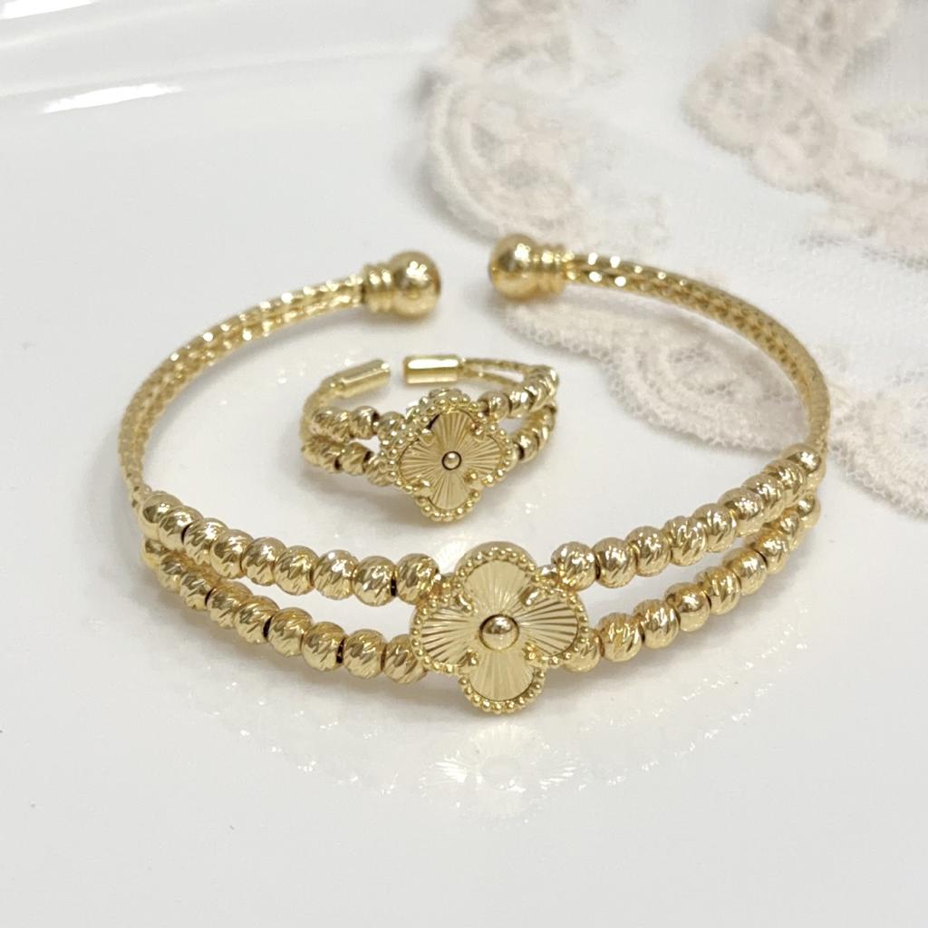 2 шт. женский высококачественный не тускнеющий ювелирный набор из 18-каратного золота, браслет-кольцо из чистой меди 'четырехлистный клевер'