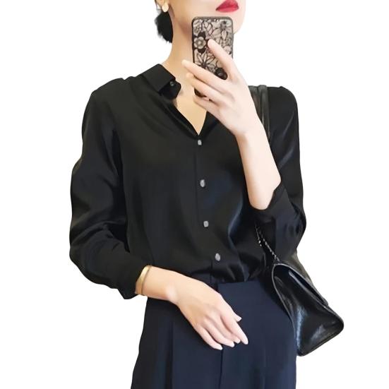 Женская рубашка с лацканами, длинный рукав, блестящая ткань, официальная рубашка, застежка на пуговицы, однотонная гладкая деловая рубашка для свиданий