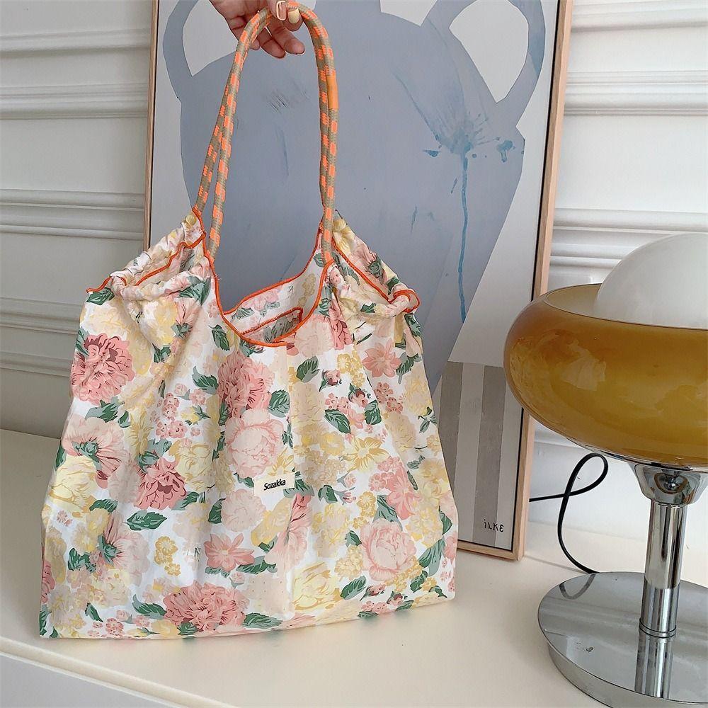 Large Capacity Drawstring Shopping Bag Reusable Travel Tote Bag Portable Canvas Shoulder Bag