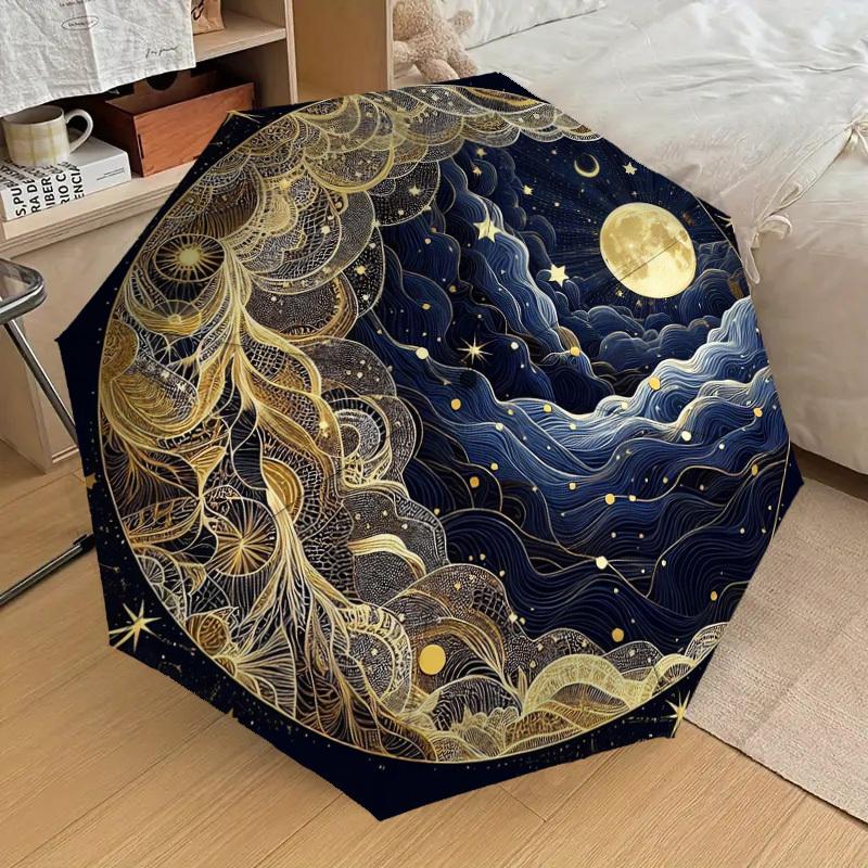 1pc Golden Celestial Waves Umbrella with Plastic Handle,Suitable for All Seasons Home Travel Outdoor UmbrellaDD1727