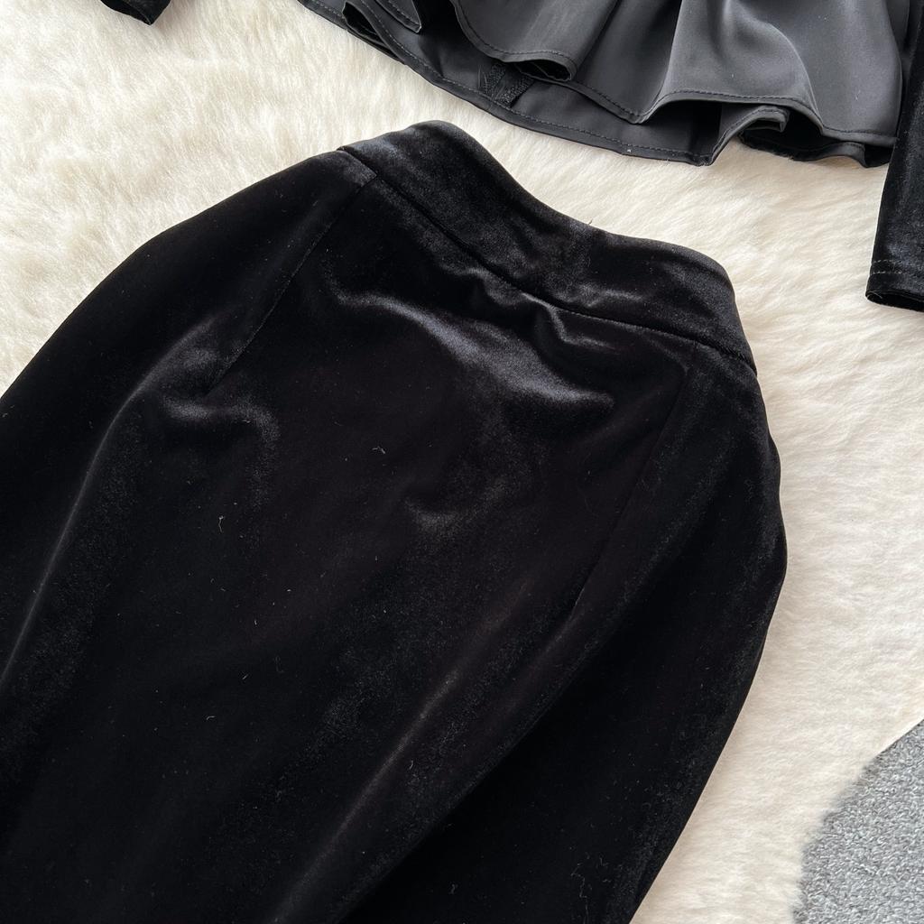 Осенние женские винтажные черные бархатные деловые наряды с длинными рукавами и оборками, топы, блузка и облегающая юбка-футляр, комплект из двух предметов для офисной работы