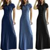 European American Casual Denim Maxi Dress 2022 Shirt Collar Slit Pockets Swing Skirt