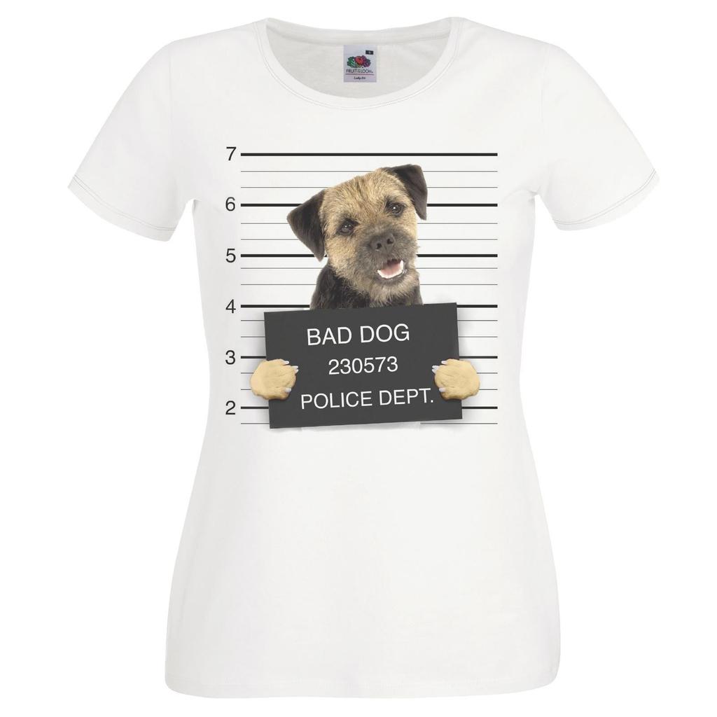 Ladies White Dog Mugshot Scruffy Boarder Terrier Criminal Canine TShirt