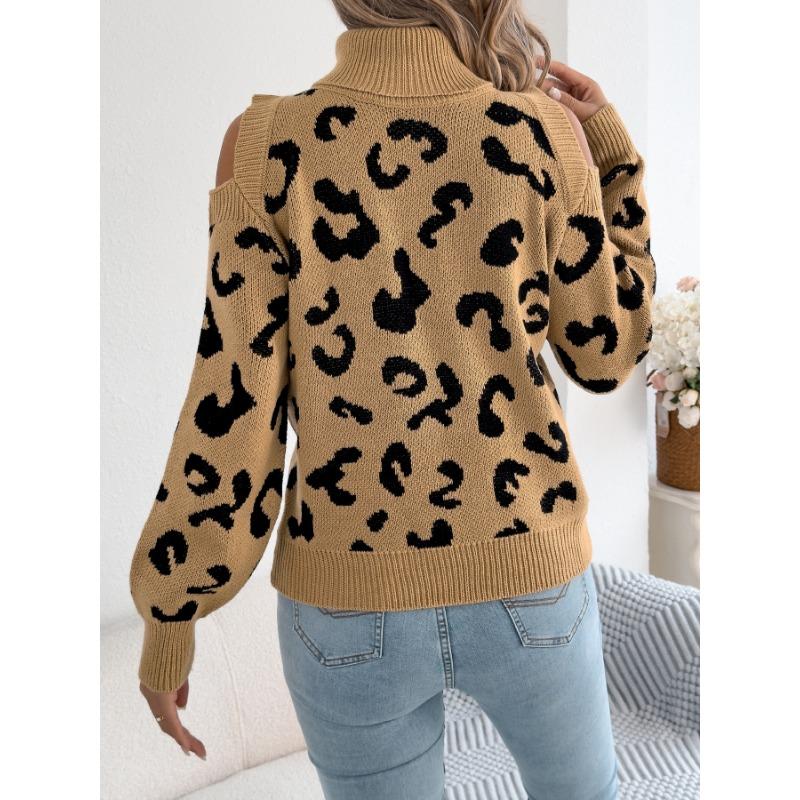 Women S Leopard Print Long Sleeve High Neck Casual Sweater