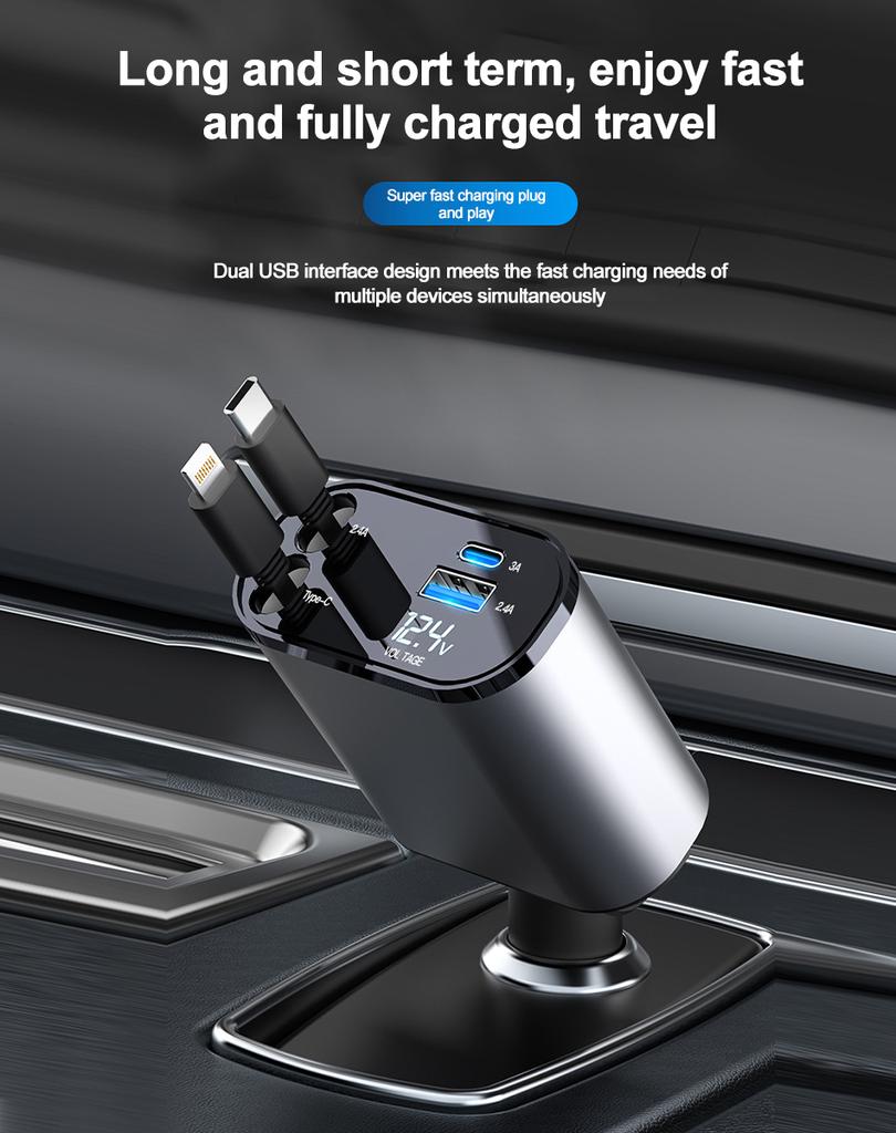 120W Car Charger Car Super Fast Charge Flash Charging, Telescopic Cable 4 In 1 Car Charger 2 USB Ports Adapter Compatible