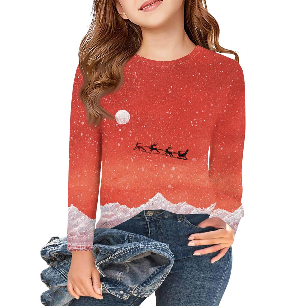 Рождественские футболки с длинным рукавом для девочек, детские осенние топы с круглым вырезом и принтом, базовые футболки