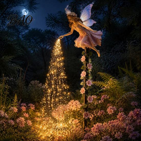 Fairy Tale Patio Accessories Sprinkling Magic Dust Solar Garden Light, Outdoor Front Yard Figurines Statue with LED Light String, Landscape