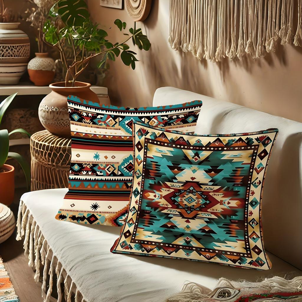 Bohemian-Style Geometric Pattern Pillow Cover: Exotic Tribal Motifs In Vivid Colors, Sofa Cushion Cover, Room Decoration