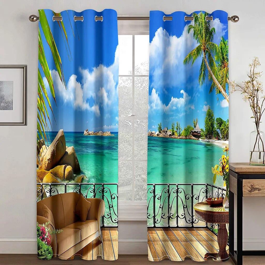Cheap 3D Printing Sea Semi Sunshade Curtain Thin Polyester Beach Scenery For Bedroom Living Room Home Hook Decor