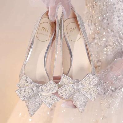 Серебристо-белые свадебные туфли основное свадебное платье Сюхэ хрустальные туфли свадебные туфли на высоком каблуке женские французские туфли на высоком каблуке бант