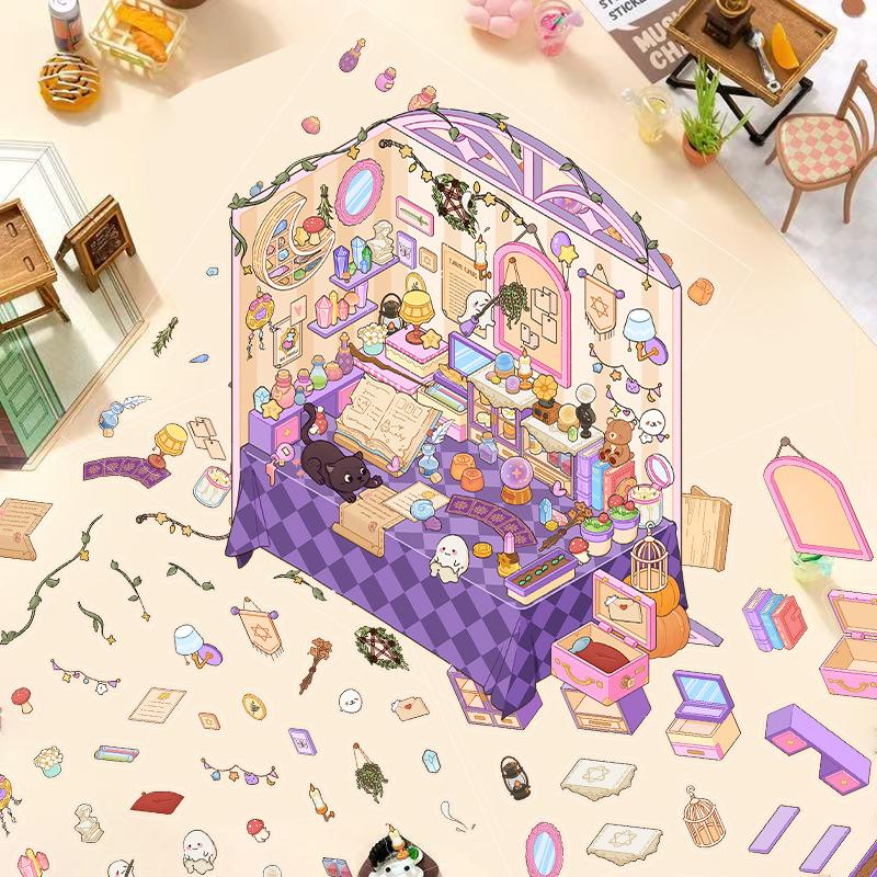 Cartoon Landscape Stickers Multiple Miniature World 3D Hut Unzip DIY Scene Manual Post