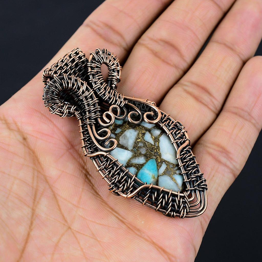 Красивый медный ларимар, драгоценный камень, чистая медная проволока, обернутая подвеской ручной работы, ювелирные изделия