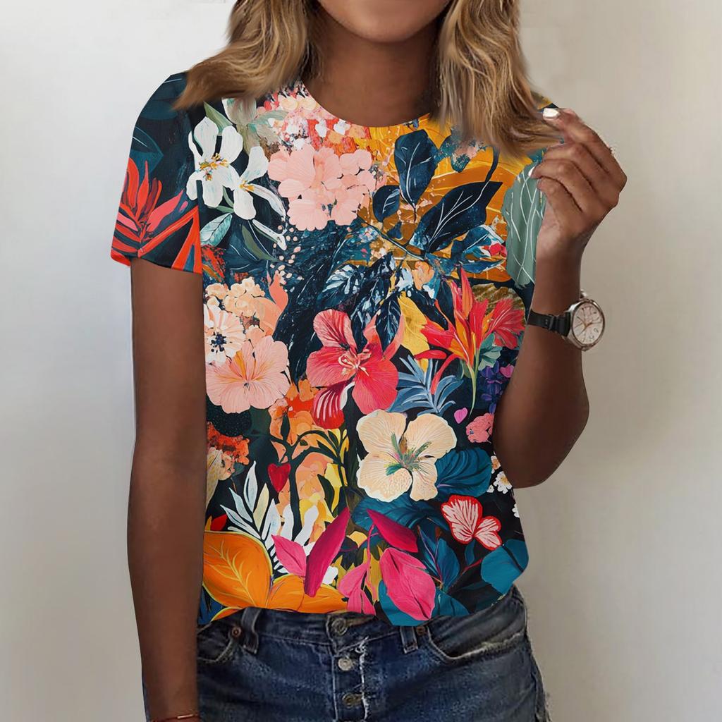 Women's Fashion Casual Printed Round Neck Short Sleeved T-Shirt Top T-Shirt Top Top