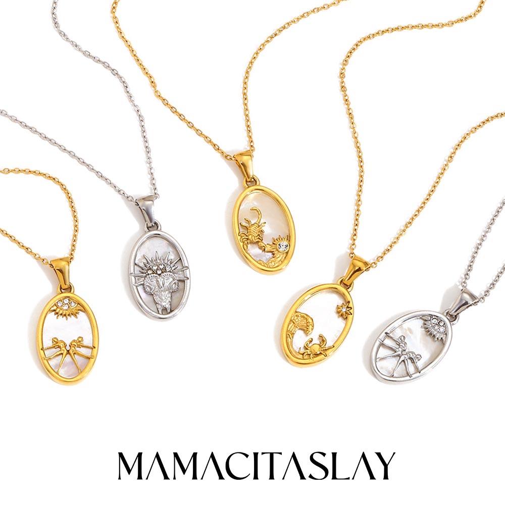 MamacitaLay Ожерелье-ракушка со звездой из циркона и знаком зодиака, покрытие 18 каратным золотом, нержавеющая сталь, женское, водонепроницаемое, украшение на шею, подарок