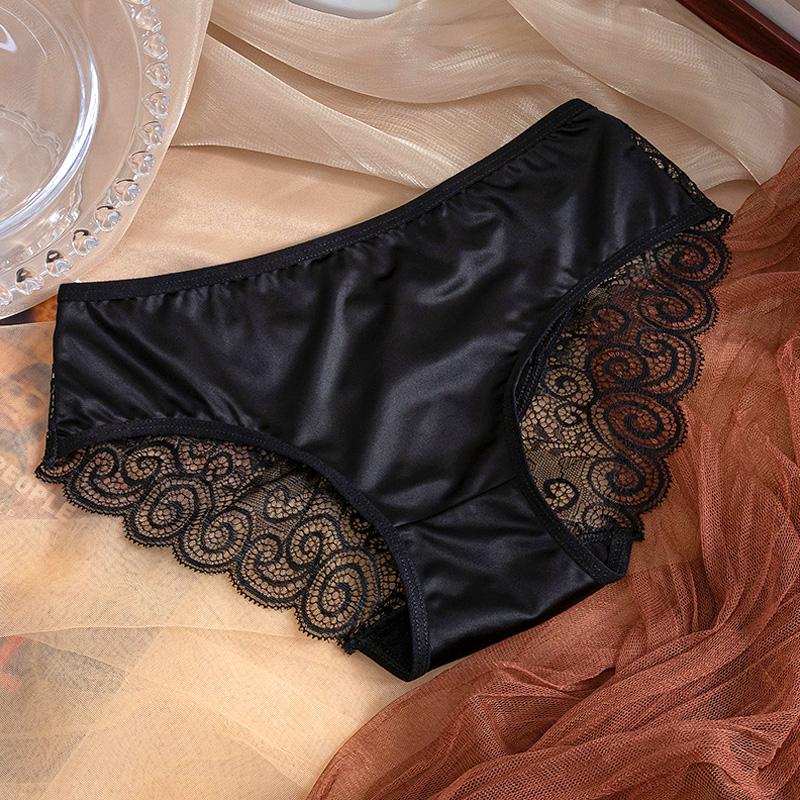 Women Bowknot Spaghetti Strap Satin Panties Mid Waist Hollow Out Lace Briefs Solid Color Seamless