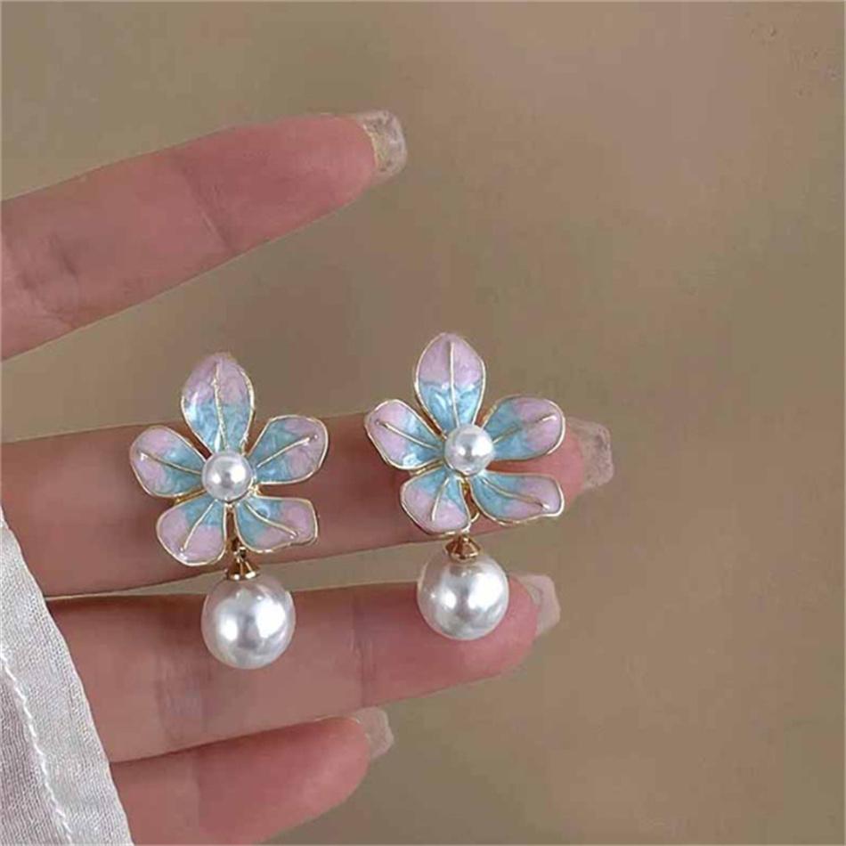 Enamel Big Flower Imitation Pearl Korean Design Drop Earrings Exaggerated Wedding Party Jewelry Accessories